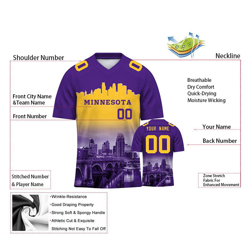 Custom Embroidered Minnesota City Skyline Football Jersey, Personalized Football Sports T-Shirts For Men Women Youth Boy