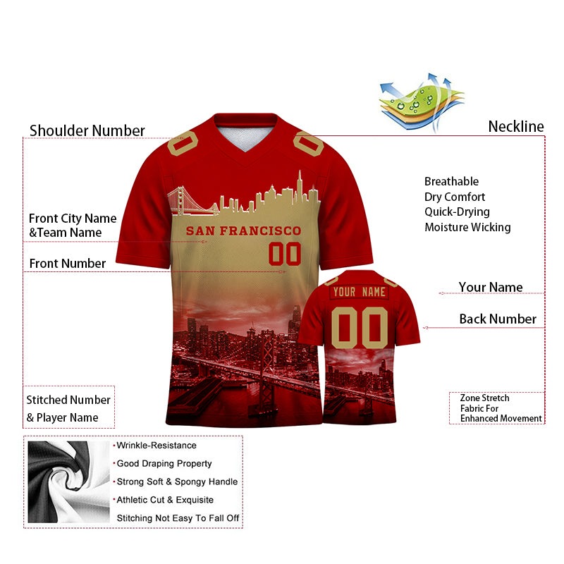 Custom Embroidered San Francisco City Skyline Football Jersey, Personalized Football Sports T-Shirts For Men Women Youth Boy