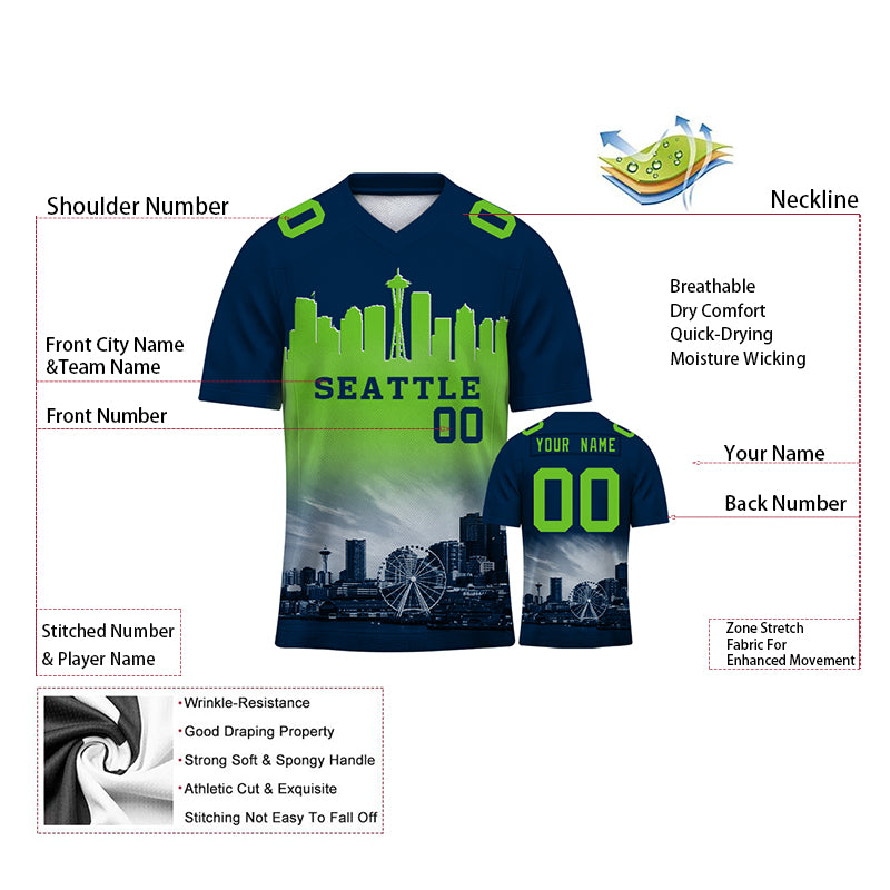 Custom Embroidered Seattle City Skyline Football Jersey, Personalized Football Sports T-Shirts For Men Women Youth Boy