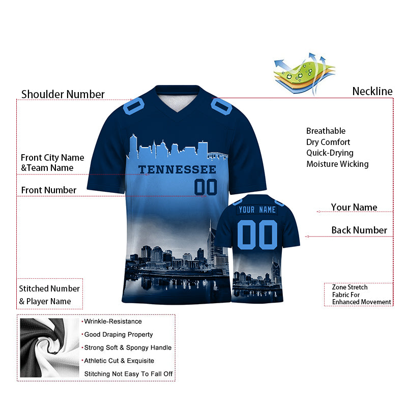 Custom Embroidered Tennessee City Skyline Football Jersey, Personalized Football Sports T-Shirts For Men Women Youth Boy
