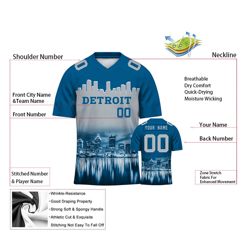 Custom Embroidered Detroit City Skyline Football Jersey, Personalized Football Sports T-Shirts For Men Women Youth Boy