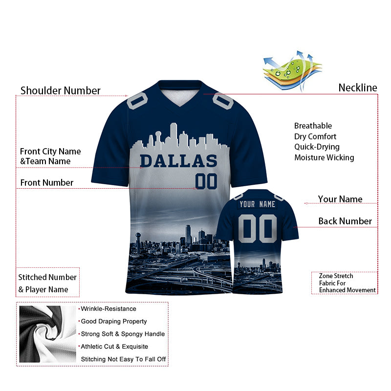 Custom Embroidered Dallas City Skyline Football Jersey, Personalized Football Sports T-Shirts For Men Women Youth Boy