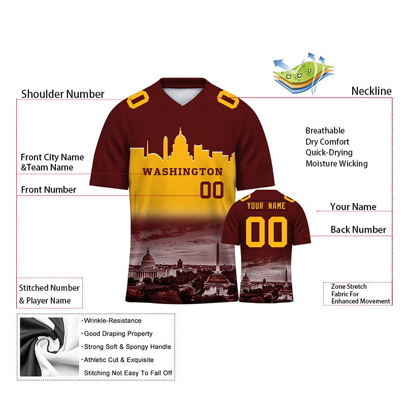 Custom Embroidered Washington City Skyline Football Jersey, Personalized Football Sports T-Shirts For Men Women Youth Boy