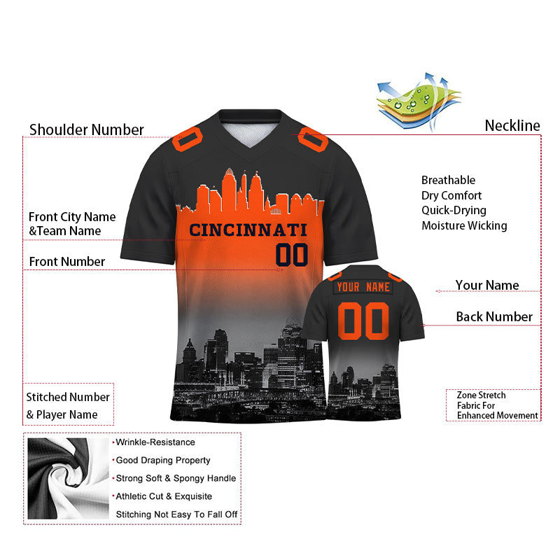 Custom Embroidered Cincinnati City Skyline Football Jersey, Personalized Football Sports T-Shirts For Men Women Youth Boy