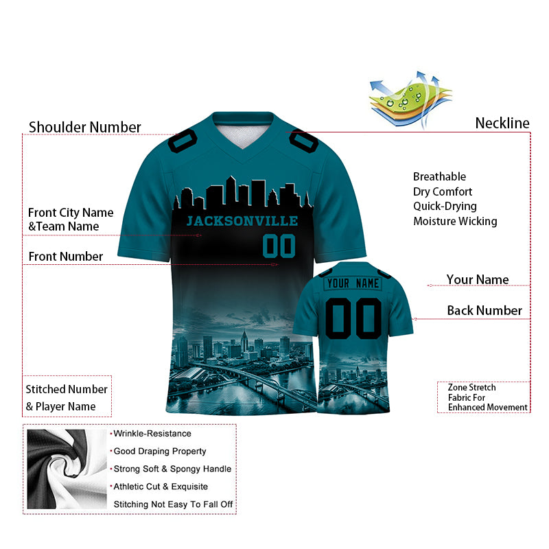 Custom Embroidered Jacksonville City Skyline Football Jersey, Personalized Football Sports T-Shirts For Men Women Youth Boy