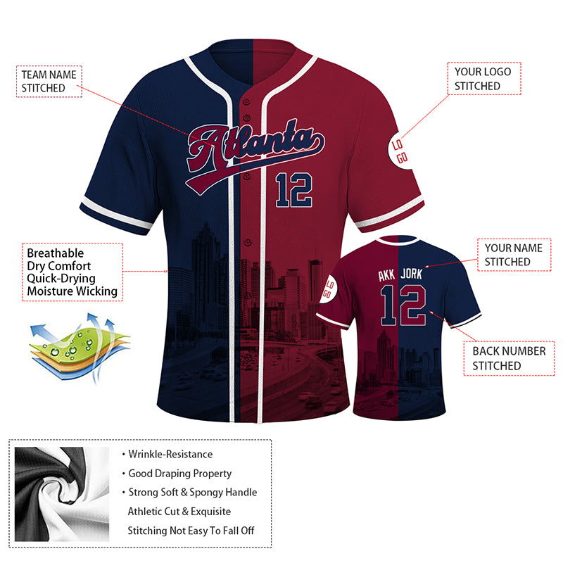 Custom Embroidered Atlanta City Skyline Baseball Jersey, Hip-Hop Two-tone Design, Personalized Your Name & Number