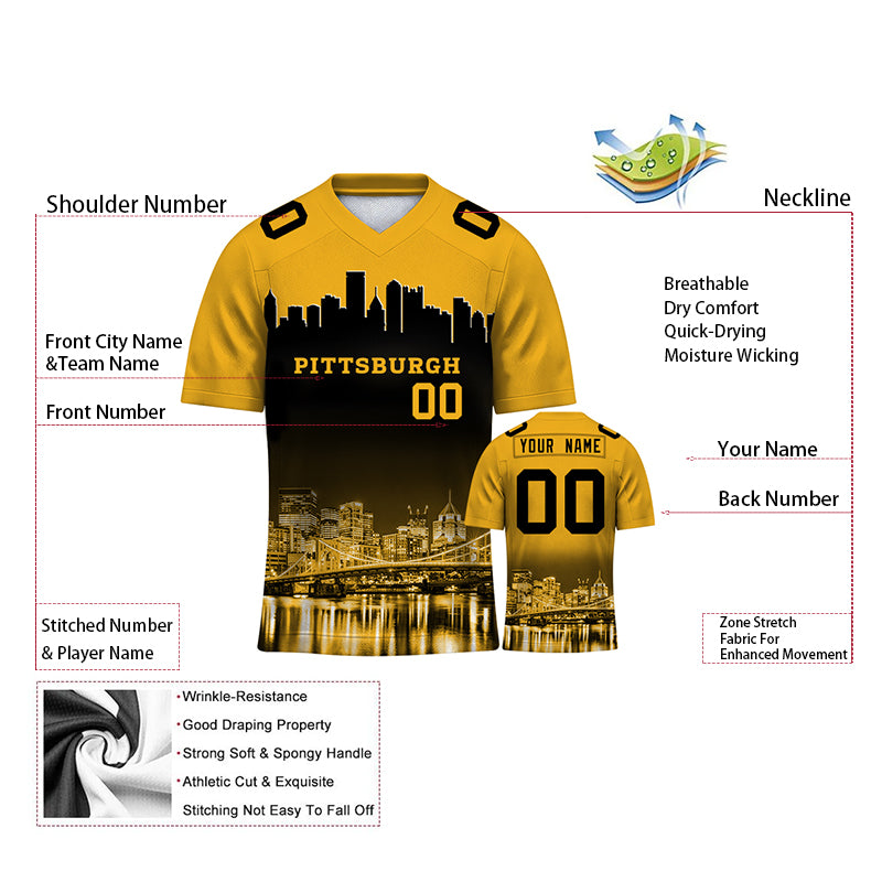Custom Embroidered Pittsburgh City Skyline Football Jersey, Personalized Football Sports T-Shirts For Men Women Youth Boy