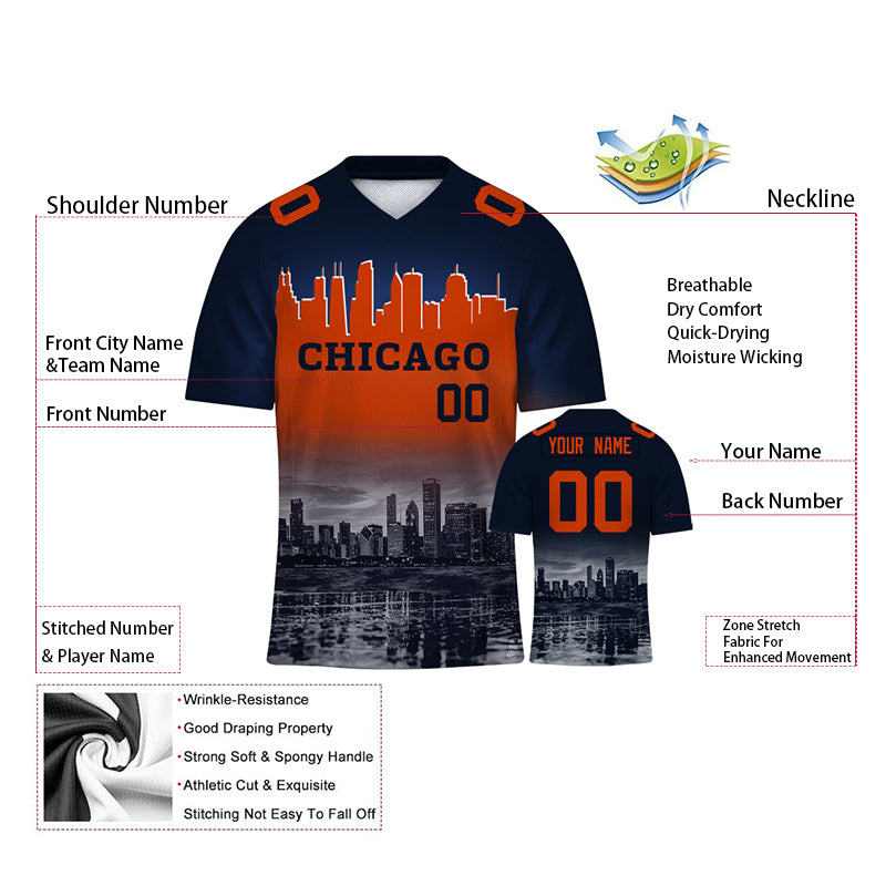Custom Embroidered Chicago City Skyline Football  Jersey, Personalized Football Sports T-Shirts For Men Women Youth Boy