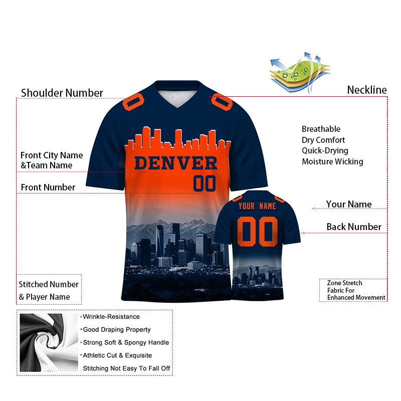 Custom Embroidered Denver City Skyline Football Jersey, Personalized Football Sports T-Shirts For Men Women Youth Boy