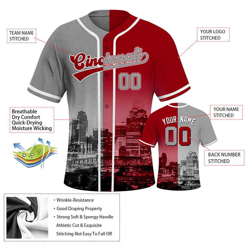 Custom Embroidered Cincinnati City Skyline Baseball Jersey, Hip-Hop Two-tone Design, Personalized Your Name & Number