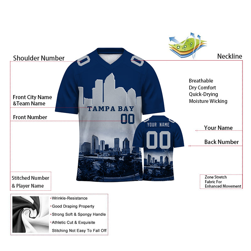 Custom Embroidered Tampa Bay City Skyline Football Jersey, Personalized Football Sports T-Shirts For Men Women Youth Boy